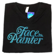 Load image into Gallery viewer, Face Painter Black T-Shirt with Aqua Glitter Print - 2XL (V-neck)
